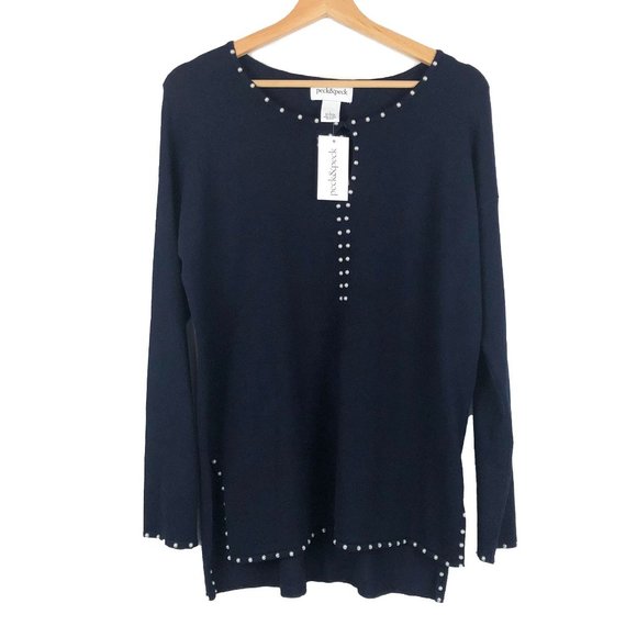 Peck & Peck NWT Navy Pearl Trim Beaded Keyhole Long Sleeve Sweater L - Picture 1 of 6